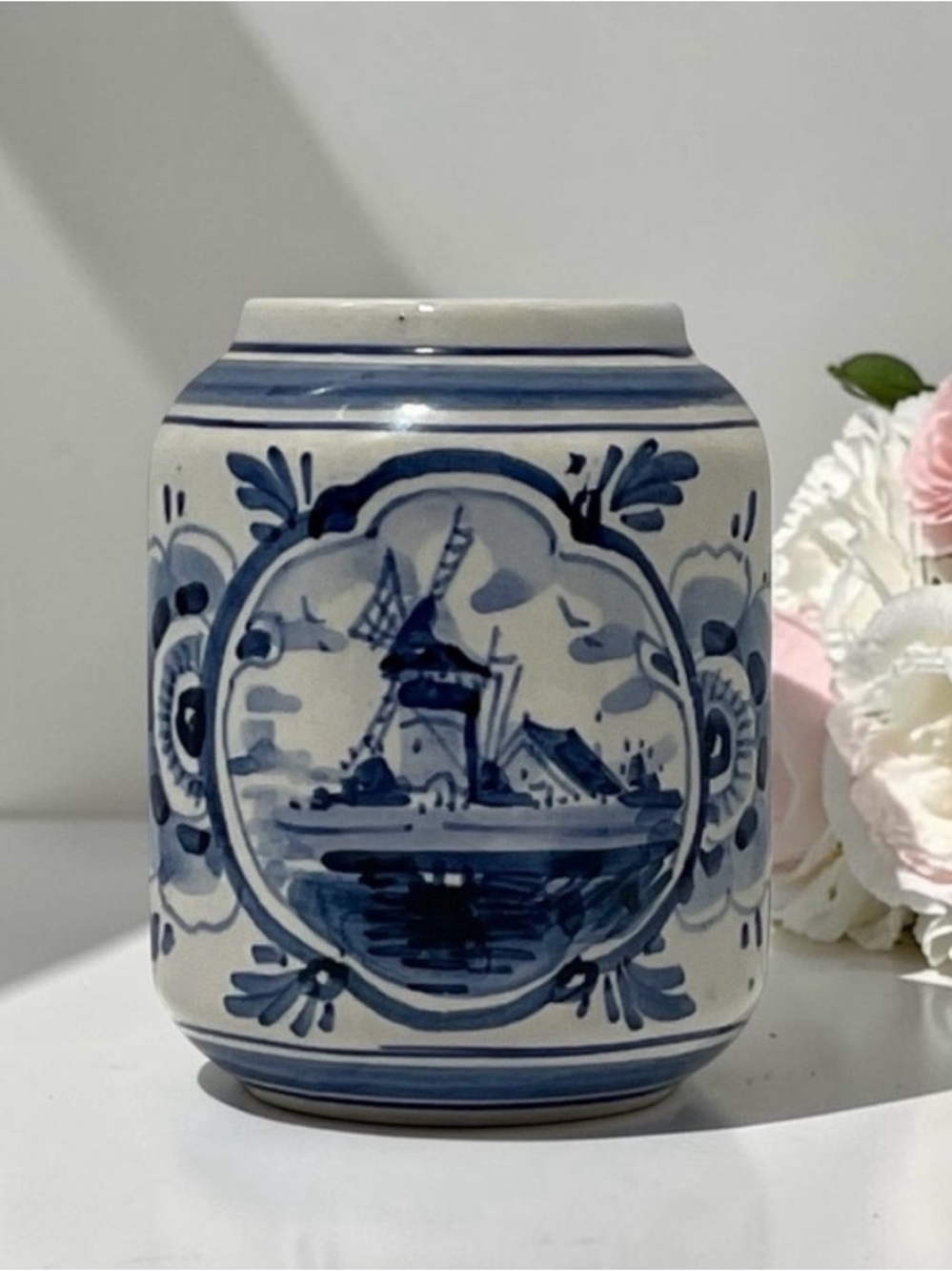 Vintage Delft Holland Mini Vase Windmill Blue White Hand Painted
